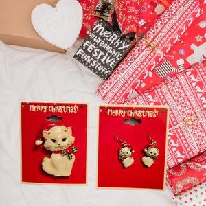 NWT Christmas Santa Kitty Cat Brooch Pin and Earrings Set